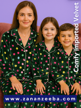 Load image into Gallery viewer, Green Polka winter velvet pj (Adult &amp; Kid 3-4 year,10-11 Year, 11-12 year, matching suit)
