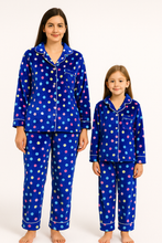 Load image into Gallery viewer, Blue polka winter velvet (adult &amp; 1-2 Year matching suit)
